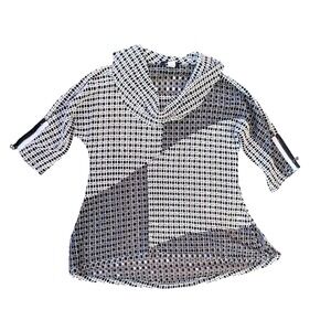 Yushi Women's Black White Geometric Mesh Cowl Neck Top Lagenlook- Size S